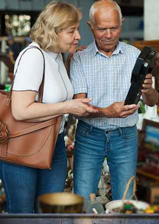 Two shoppers in an antiques shop.