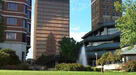 Downtown Bartlesville garden with water fountain during summer