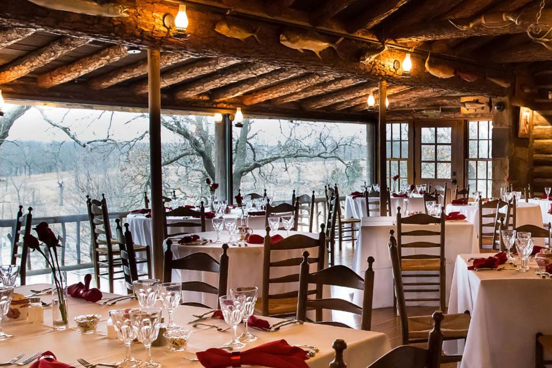 Dining tables set at the Woolaroc Lodge