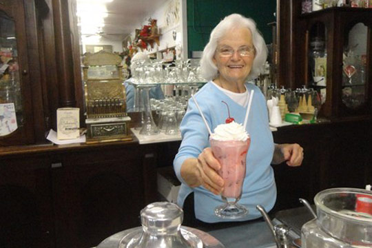 Strawberry shake served from an antique soda fountain